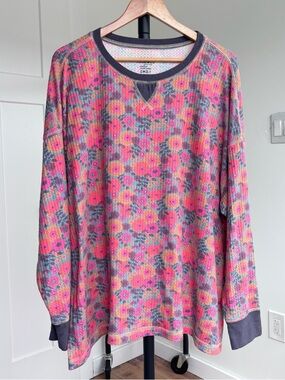 Natural Life Womens Turquoise Floral Bouquet Waffle Knit Thermal Lounge Top XL